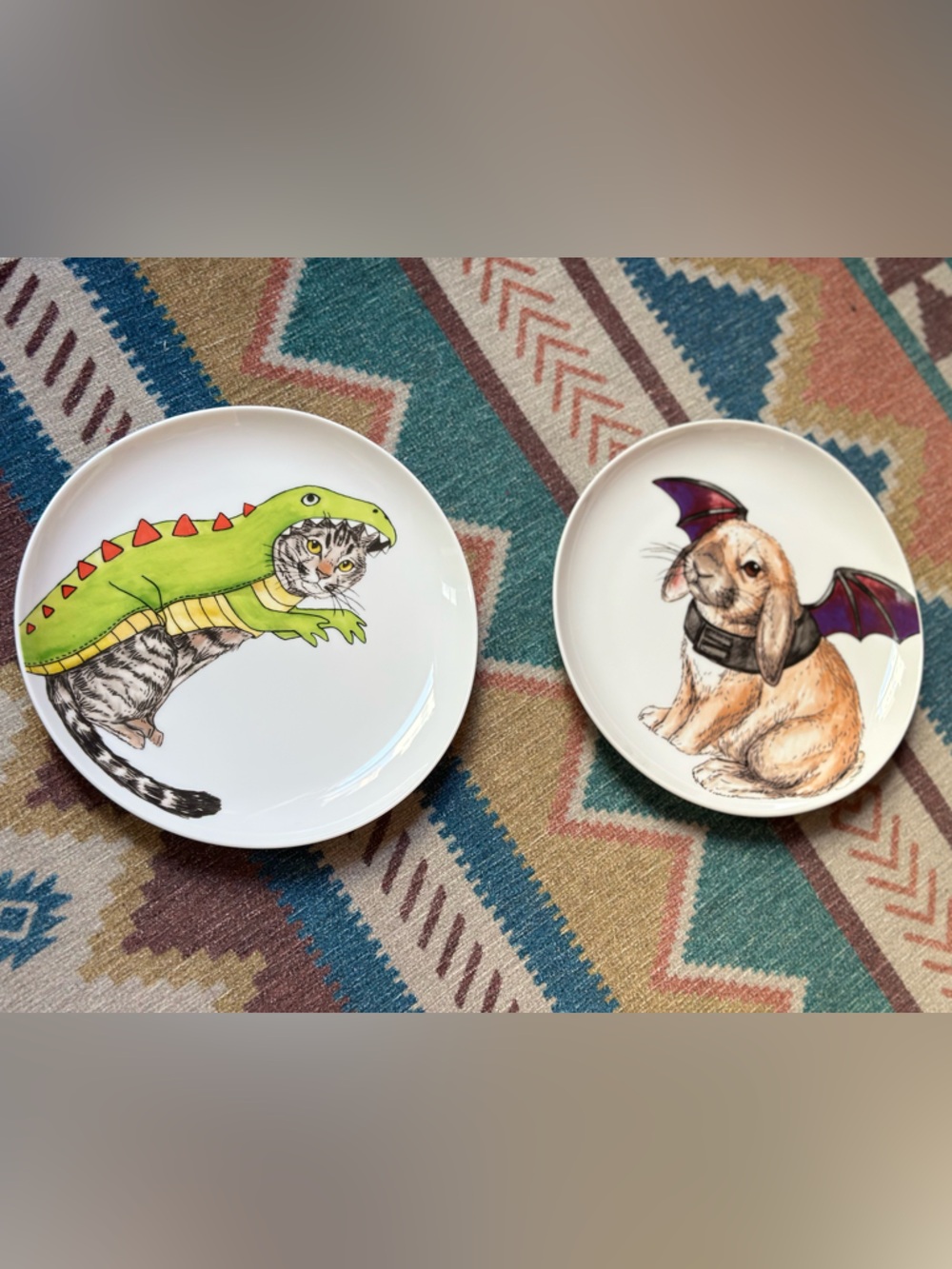 SOLD - West Elm x Rachel Kozlowski Halloween Plates - Dino Cat & Bat Bunny